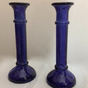 Cobalt Color Blue Glass Candlestick Holders Set Of 2    8"